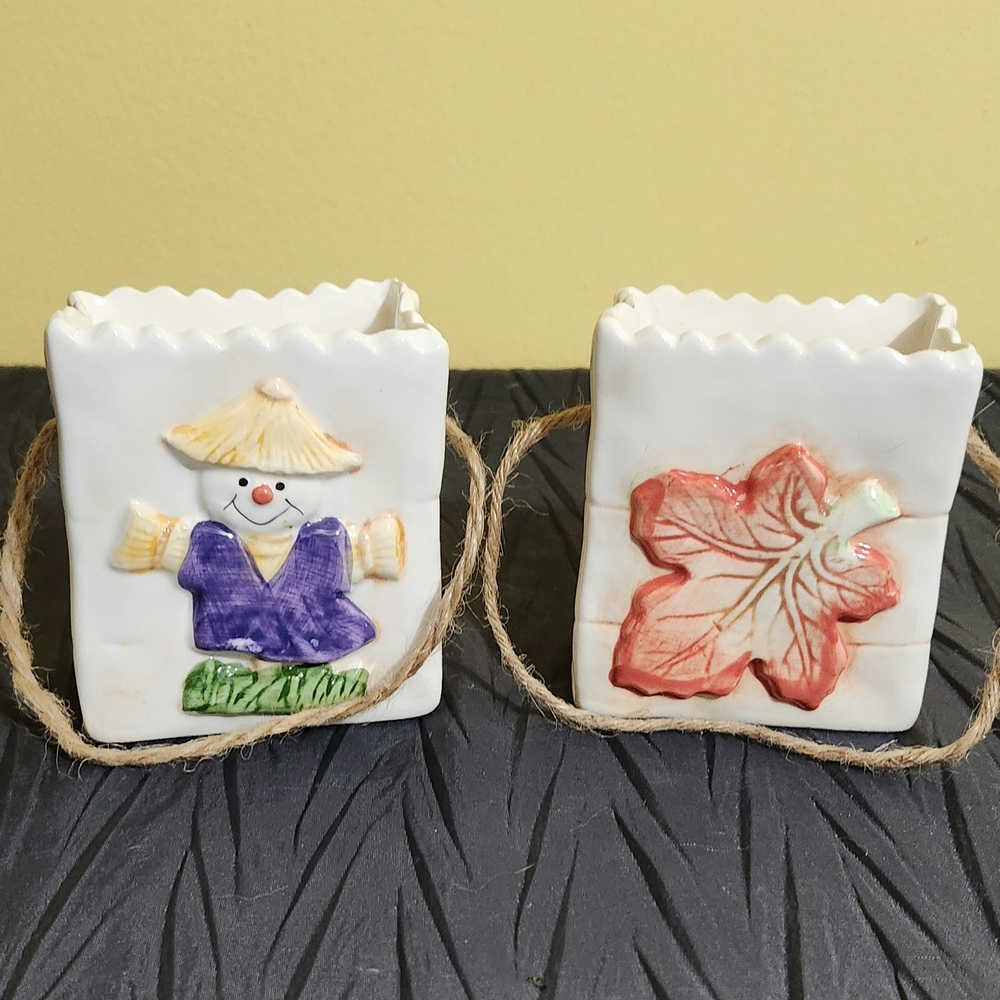 K's Collection Ceramic Scarecrow and Leaf Candle Holders - White and Multicolor
